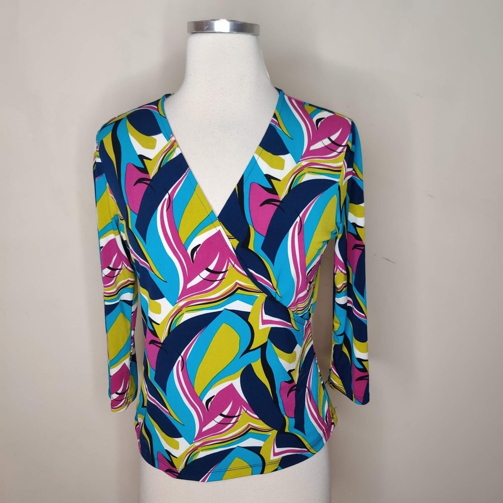 Evan Picone Faux Wrap Top Colorful Abstract Floral Mod